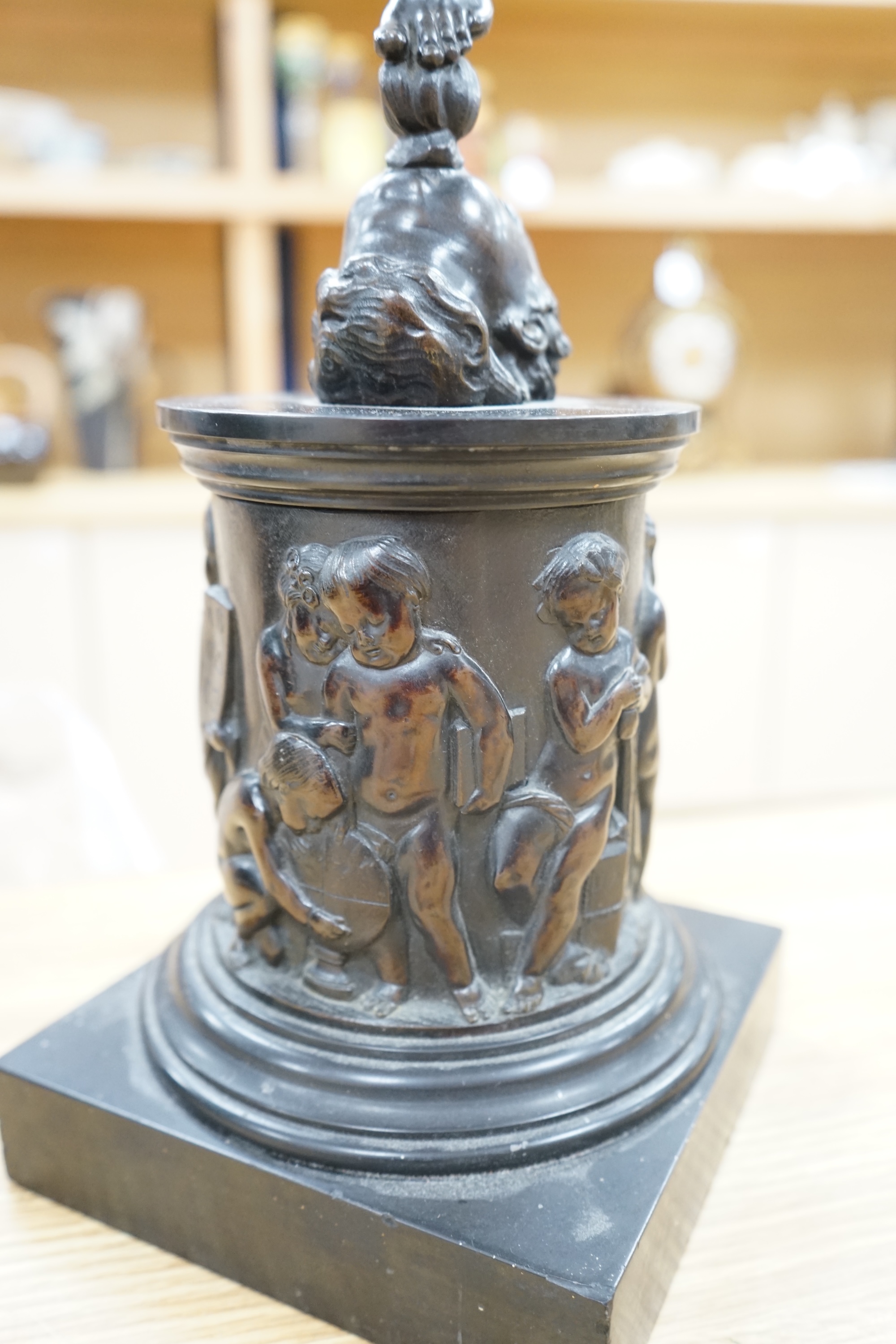 A late 19th / early 20th century Grand Tour style bronze study of Mercury raised on a circular column base, 87cm high. Condition - small chips to black slate plinth otherwise in good condition